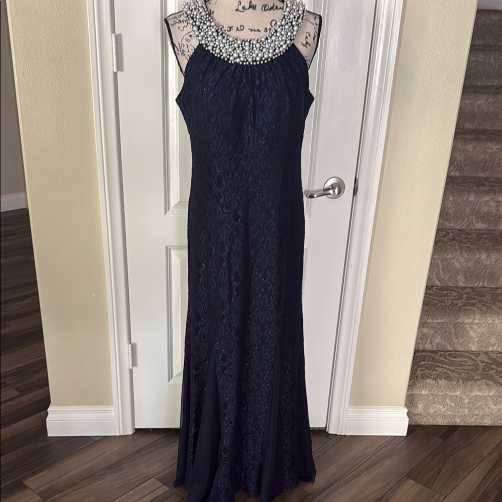 R&M Richards Beaded Blue Halter Maxi Dress - Picture 2 of 11